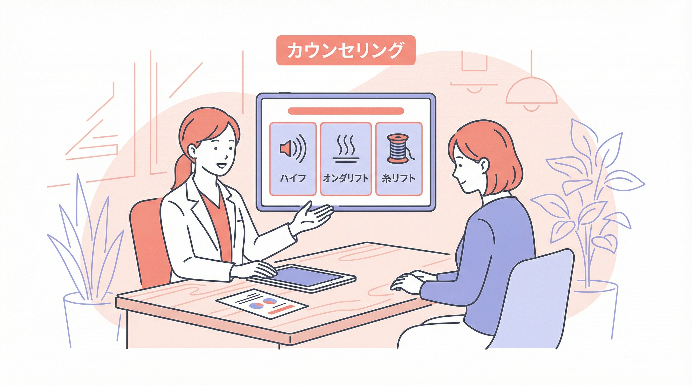リフトアップ施術の注意点を確認するカウンセリング風景