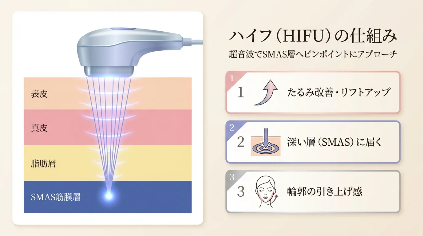 ハイフ(HIFU)の仕組み(超音波によるSMAS層へのアプローチ)
